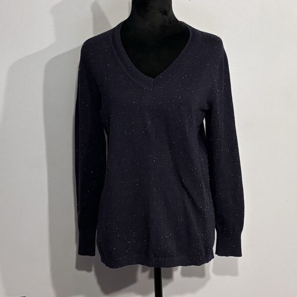 Talbots | Women’s Navy Speckled V neck Pullover Knit Sweater Sleeve Buttons Mp - Picture 1 of 14